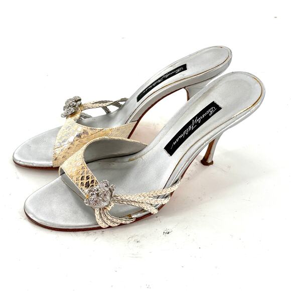 Beverly Feldman Jewel Mule Heels 6 Silver Gem Bridal Wedding White Silver Cream - Picture 2 of 8